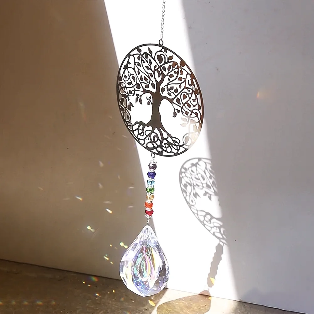 Energy Reiki Heart Tree of Life Metal Pendant Rainbow Beads AB Color Dragon Eye Crystal Dangle Streamer Suncatcher Hanging Decor