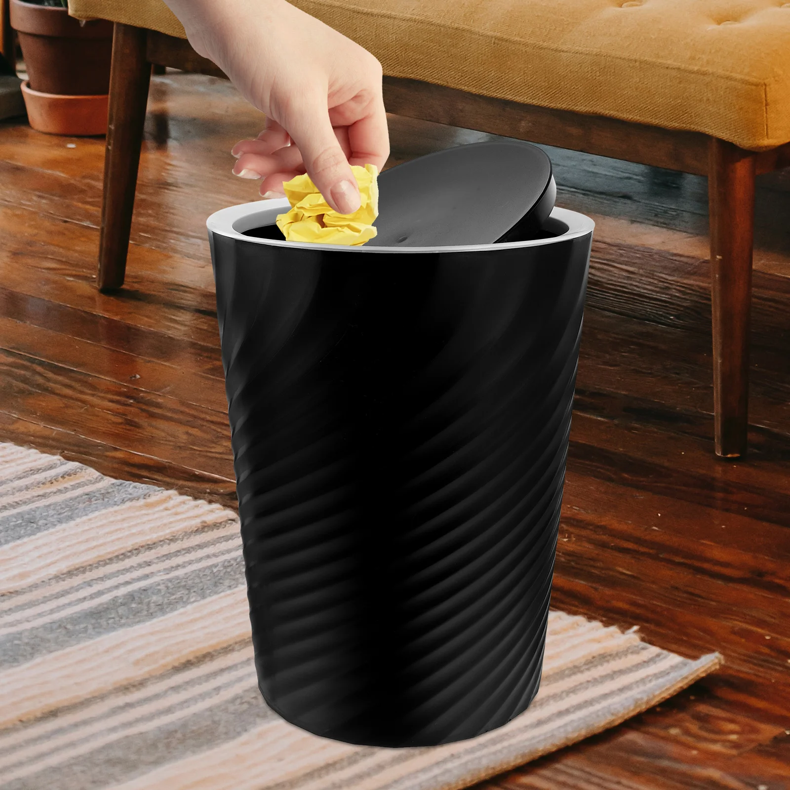 Waste Container Small Office Trash Cans With Lid Threaded Garbage Outdoor Rubbish Bin Bathroom Black Garbage Box Dustbin