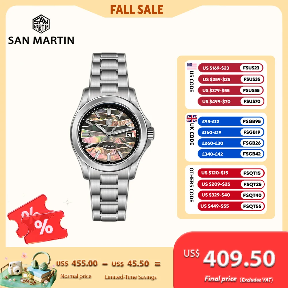 San Martin 39mm Miyota 9015 Splicing MOP Dial Luxury Dress Automatic Reloj 3H Date BGW-X1 Lume OTF Clasp Waterproof 100M SN0150