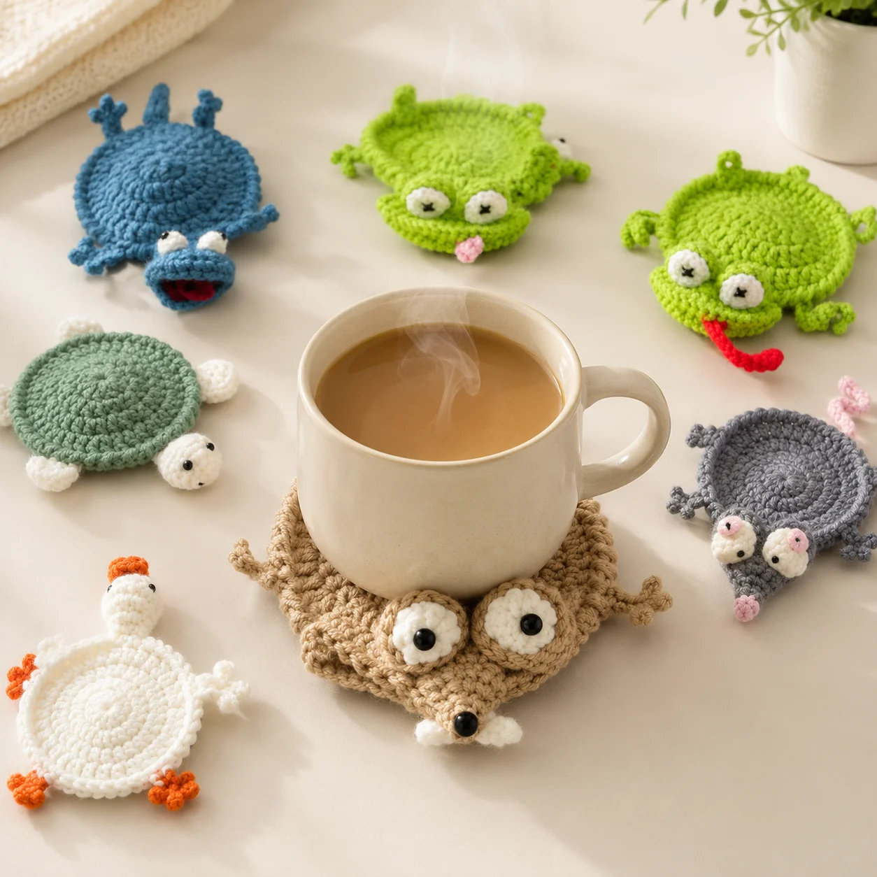 Handmade Animal Coaster Cute Crochet Drink Mat for Coffee Cup Mug Table Decor Home Kitchen Gift