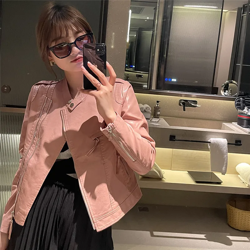 Spring Women Stand Collar Slim Short Faux Leather Coat Autumn Female Long Sleeve Cropped Biker Jacket Streetwear Pink Blue Black