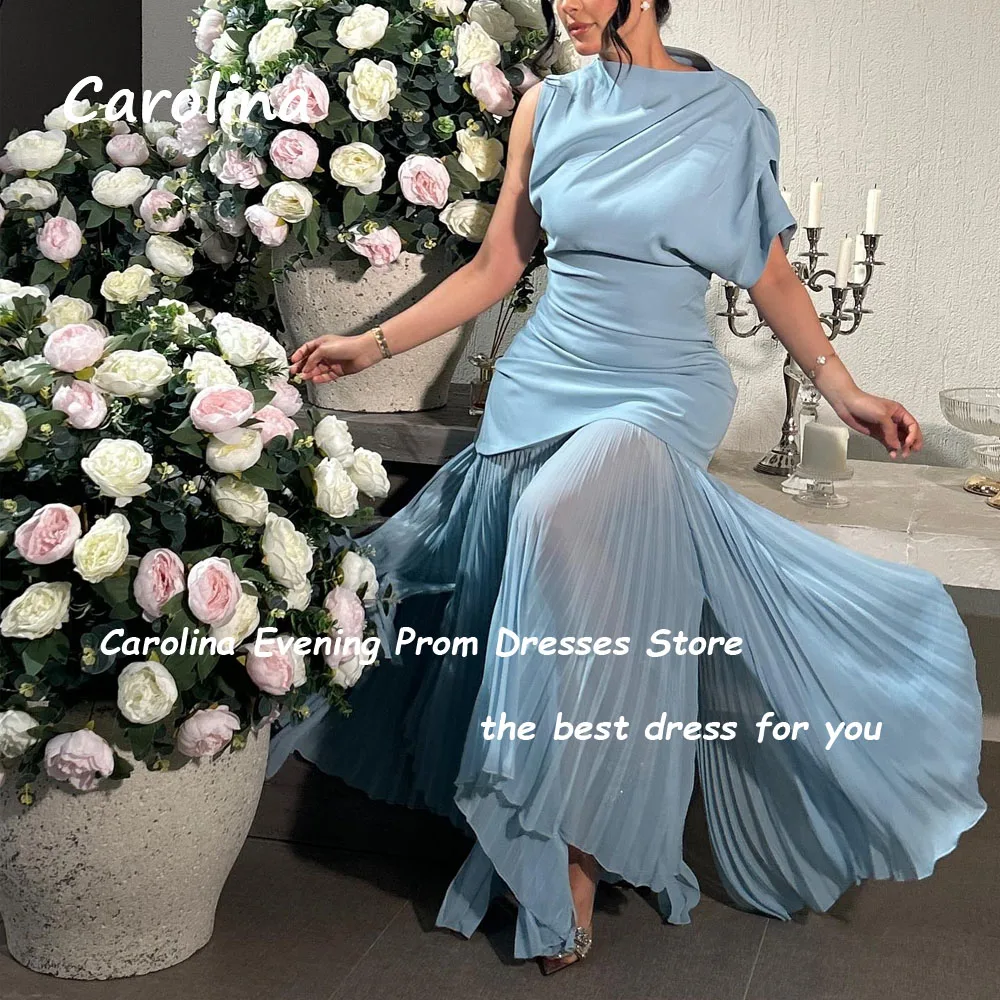 Carolina Blue One-Shoulder Crepe Mermaid Prom Gowns 2024 High Quality Slim Short Sleeve Ankle-Length Formal Evening Dress