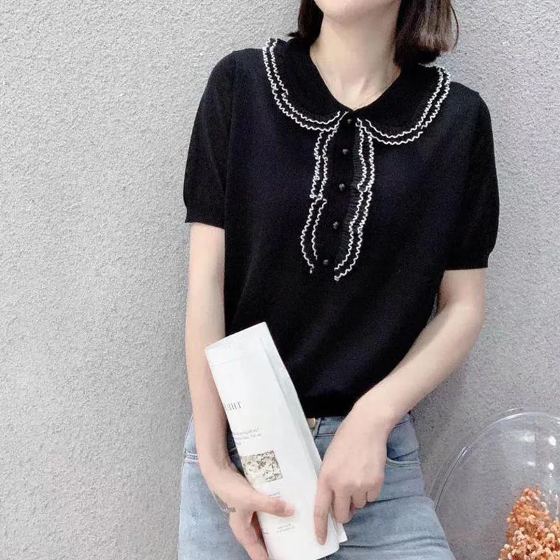 Women Fashion Folds Buttons Patchwork Solid Color Thin Tops Korean All-match Short Sleeve T-shirt Female Clothing Summer 2023