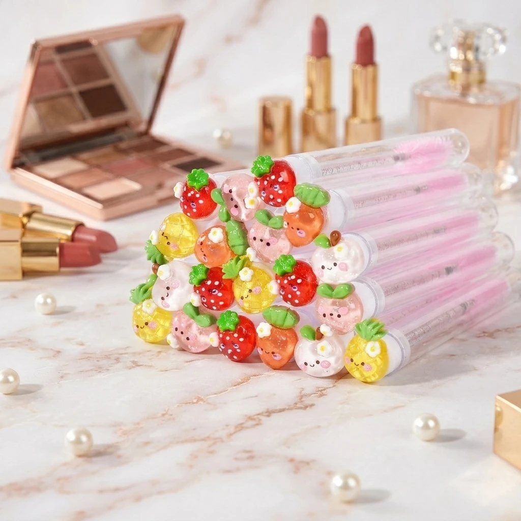 20 Pcs Women Cute Fruit Eyelash Brushes in Clear Tubes, Reusable Mascara Wands Dustproof Lash Spoolies for Eyelash Extensions