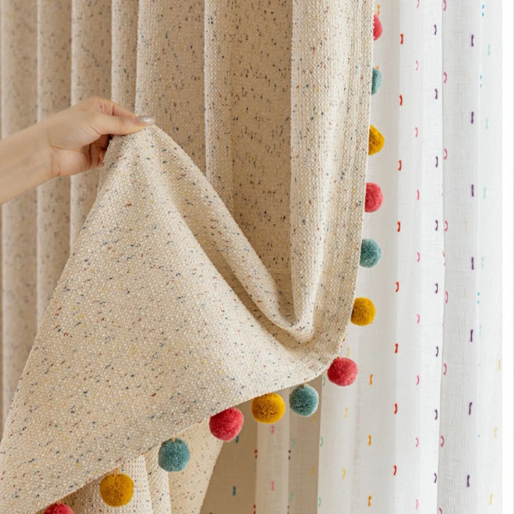 French Style Cream Semi Blackout Curtains with Pom Pom Trim, Kids Curtains for Girls' Rooms Darkening Privacy Protection