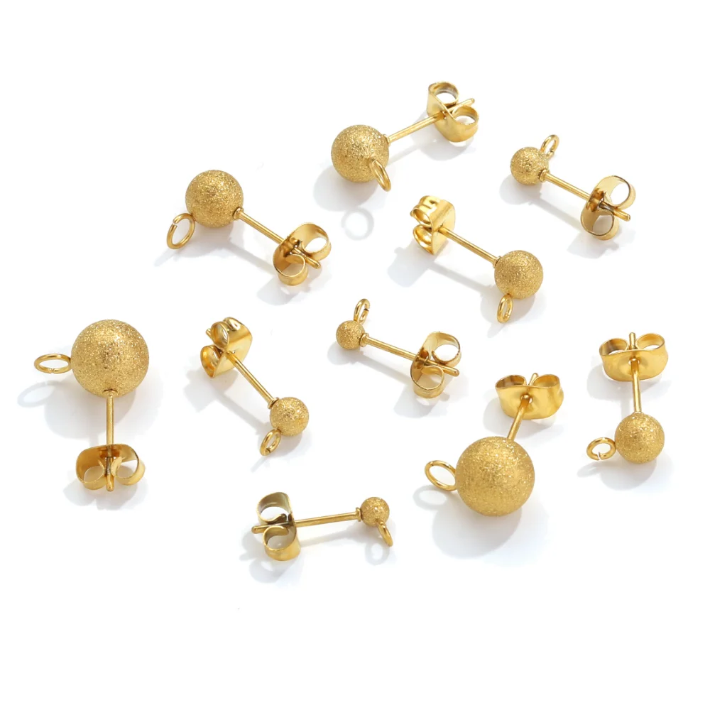 20pcs Frosted PVD Plated Gold Mute Ball Post Earring Studs Ear Pin with Loop with Butterfly Earring Back for DIY Jewelry Making