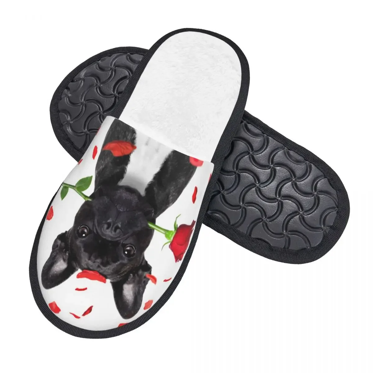 Men Women Plush Indoor Slippers French Bulldog Dog With Rose Petals Warm Soft Shoes Home Footwear Autumn Winter 2023