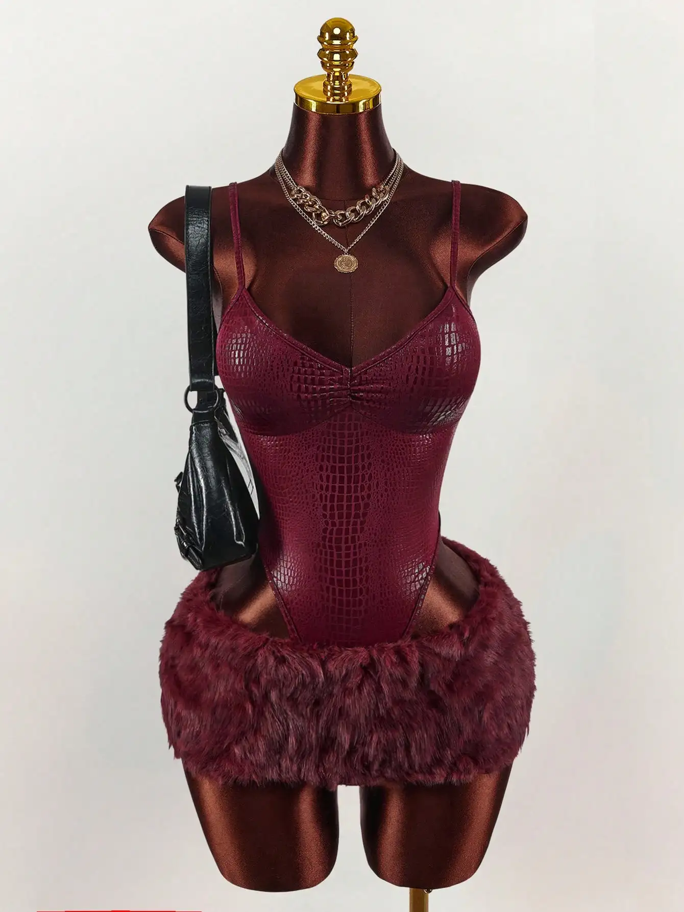 

Burgundy Faux Croc Bodysuit with Fluffy Fur Trim Mini Skirt Set
