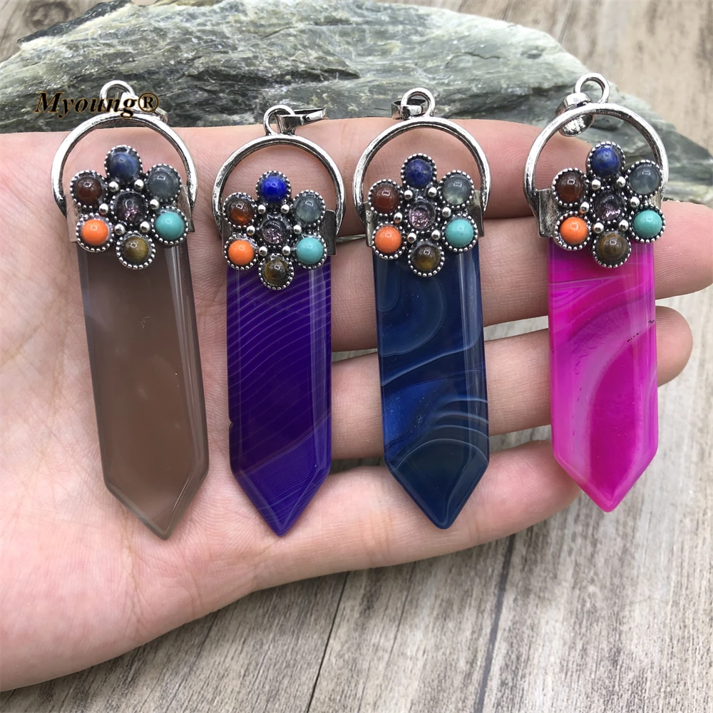 5PCS Large Sword Shape Gems Stone Amethysts Crystal Quartz Lapis Agates Pendant MY220788