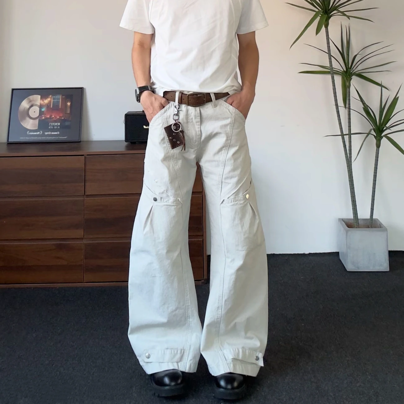 

Ретро-брюки в американском стиле с эффектом потертости, свободного прямого кроя, с карманами, унисекс, рабочая одежда, хлопок, летняя мода