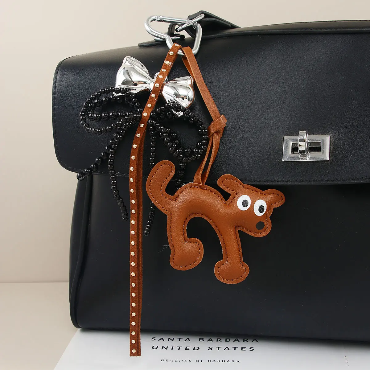 

Cute Big-Eyed Cat Bell Charm - Heart Bow Braided Rope, Bag Pendant & Keychain Accessory