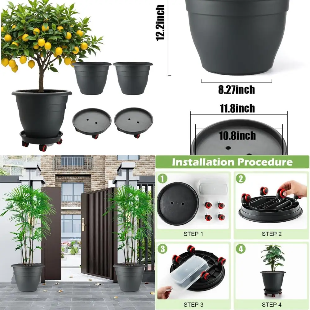 

Set of 3 Large 15.7 Inch Jumbo Planters with Rolling Trays, Drainage for Indoor/Outdoor Use, Suitable for Tall Plants