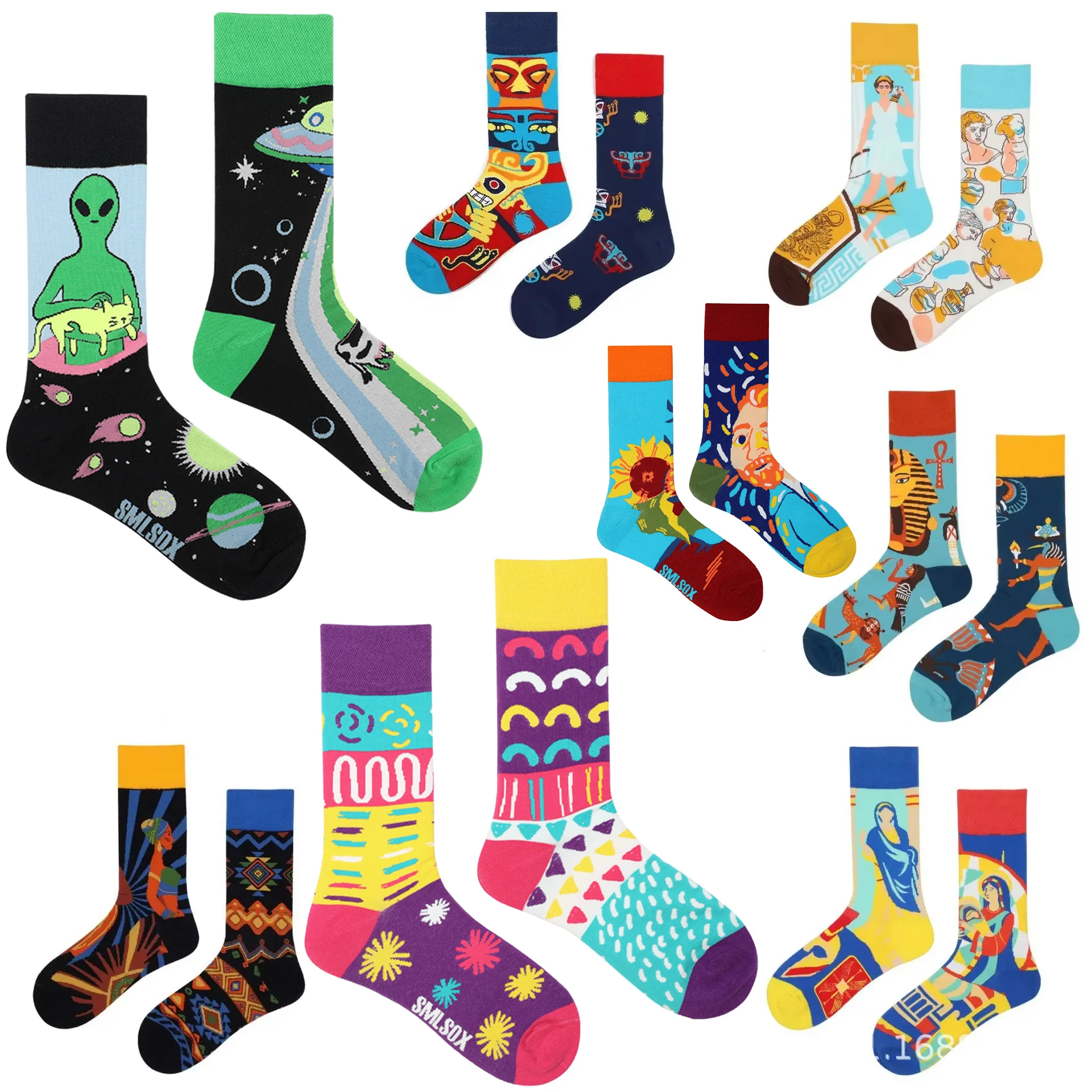 New hip-hop AB version asymmetric tide socks men and women couple fashion trend jacquard cartoon long tube cotton socks