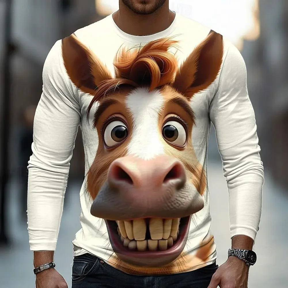 Herren Polyester Langarm-T-Shirt mit 3D-Druck, lustiger Cartoon-Zebra-Grafik mit großem Gesicht, Rundhalsausschnitt, lässige Oberteile – Detail 4