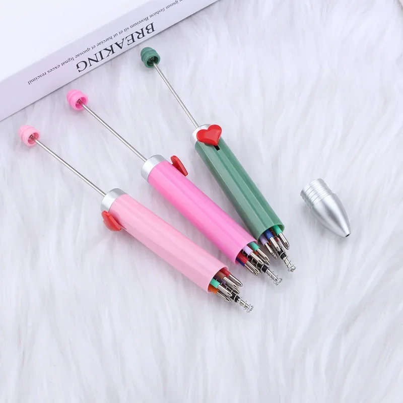 12pcs DIY Beaded Pen Heart Beadable Pens Free Logo Student Office 7-color Ballpoint Pen Set Beads Cartoon Pens for Writing