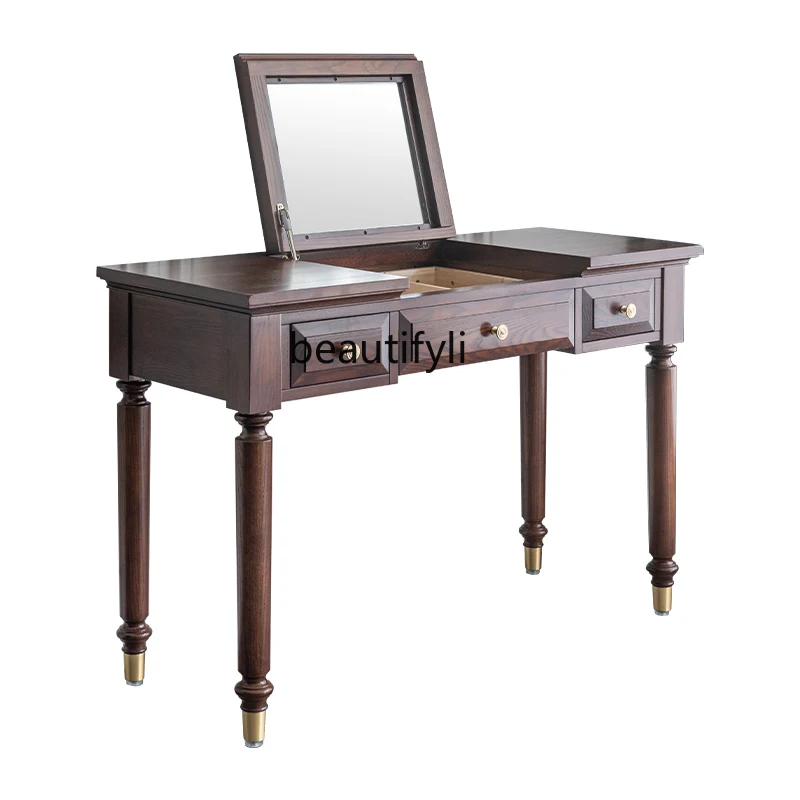 Desk Dresser Integrated Bedroom Computer Makeup Table 2-in-1 American Light Luxury Solid Wood Flip