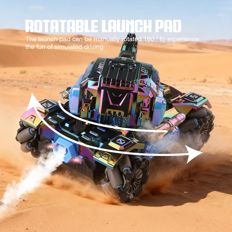 2,4 G 4WD RC Sci-Fi-Stunt-Tank – farbenfrohes LED-All-Terrain-Elektrospielzeug für Jungen mit Spray, Ton und simuliertem Start |   Geschenk