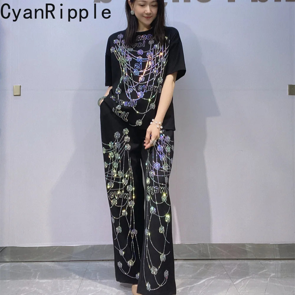 

Elegant Lady Summer Two-piece Set Luxury Space Cotton Hot Diamonds Loose Short Sleeve T-shirt Top + Elastic Waist Wide Leg Pants