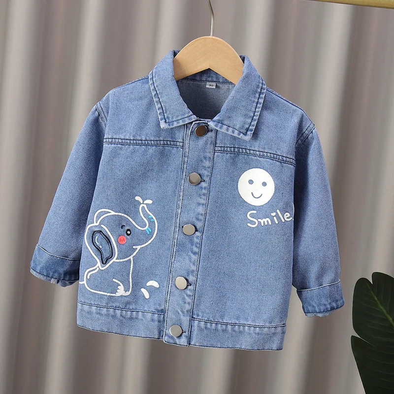 Spring Autumn Children Boys Jackets Cotton Smiling Elephant Babys Boys Coat Turn Down Collar Long Sleeve Little Boys Denim Coats