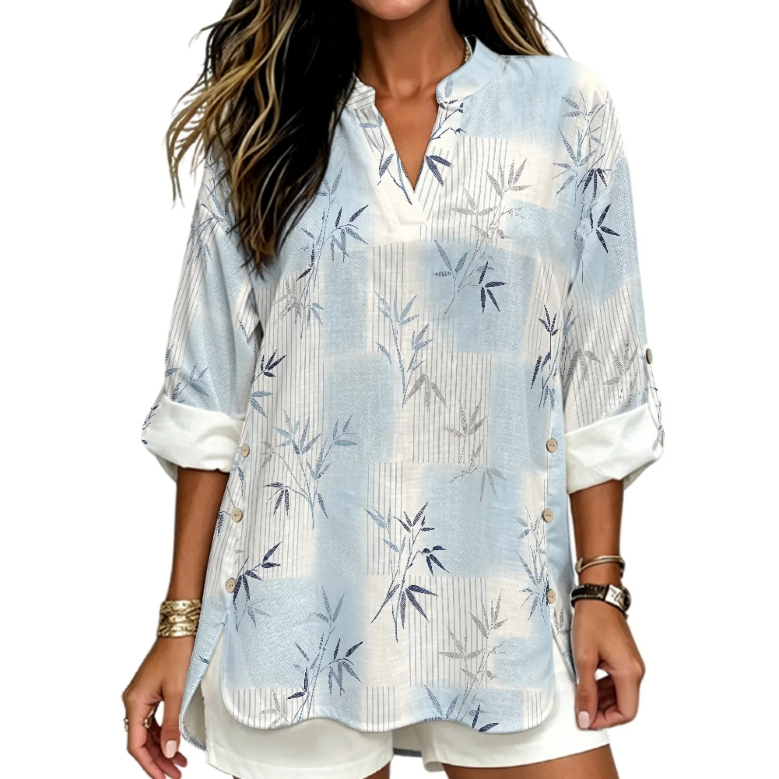 PENSTROLL Blue Bamboo Print Linen-Like Tunic Top Stylish Loose Fit Blouses for Women Sizes S-5XL