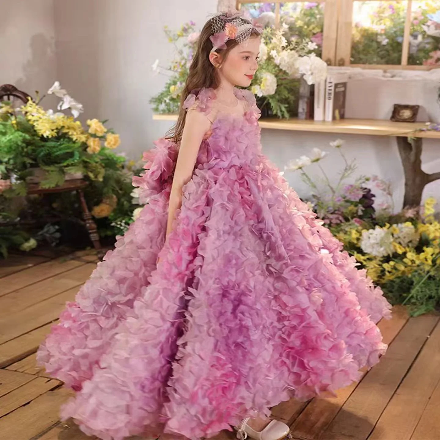 Jill desejo j288 luxo fúcsia flor menina vestido sem mangas 3d flores para crianças princesa casamento pageant festa de aniversário vestido de baile