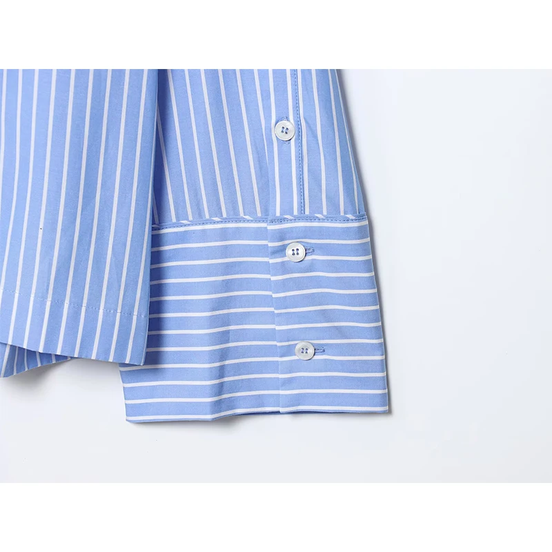 YENKYE 2025 moda mujer con bufanda camisa a rayas azules manga larga cuello redondo viaje versátil otoño blusa Tops