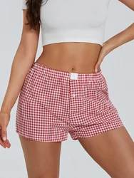 Women Plaid Print Shorts Summer Casual Elastic Low Waist Short Pants Button Front Lounge Shorts Boxers for Streetwear Daily Life