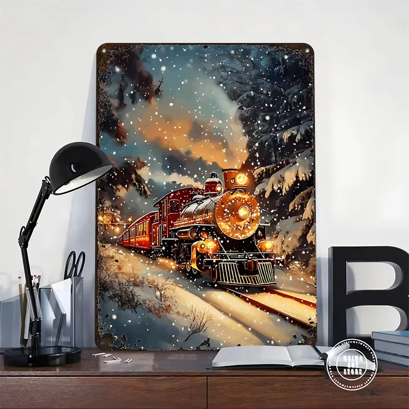 Winter Train Ride 3D Texture Printed Poster Custom Vintage Metal Tin Plate Sign for Wall Art Room Decorations Man Cave Wand Deko