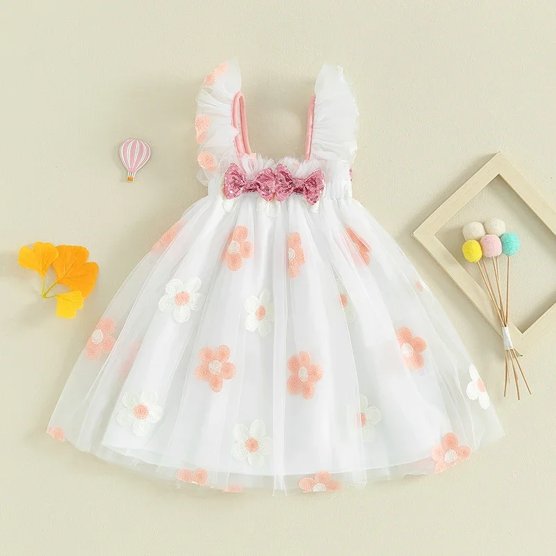 

2023-11-17 Lioraitiin 0-24M Infant Baby Girl Dress Ruffles Sleeveless Flower Embroidery Sequins Bowknot Layered Lace Tulle Dress