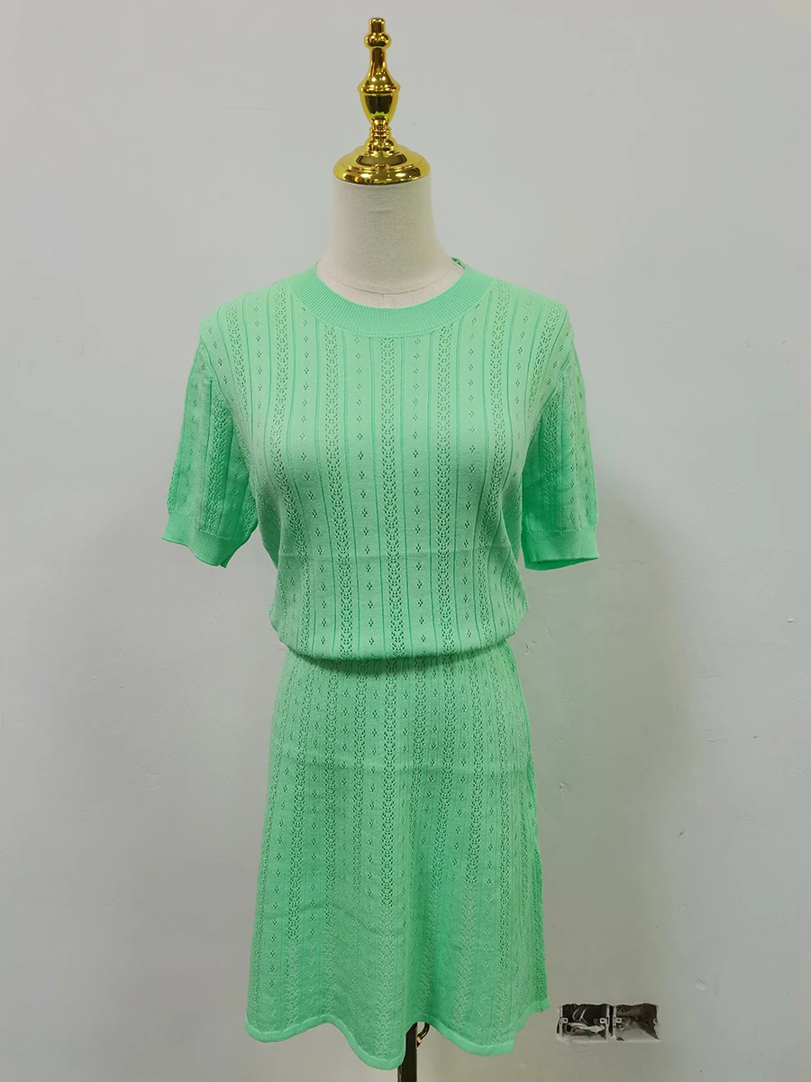 TWOTWINSTYLE Slim Knitted Two Piece Sets for Women O Neck Short Sleeved Top High Mini Waist Skirt Temperament Suit Female Summer