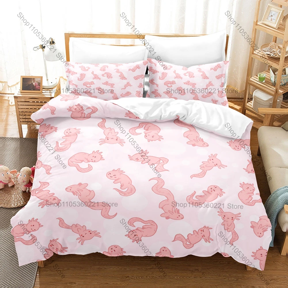 Minimalist Axolotl Aquatic Animal Print Duvet Cover + 2 Pillowcases Soft Microfiber Kawaii Room Bedding Bedroom Decor