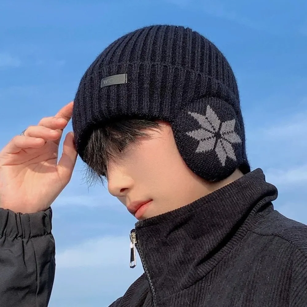 Winter Ear Protection Hat with Snowflake Pattern Knit Beanie Fleece Lined for Cycling Skiing Cold Weather Unisex Warm Cap Hats