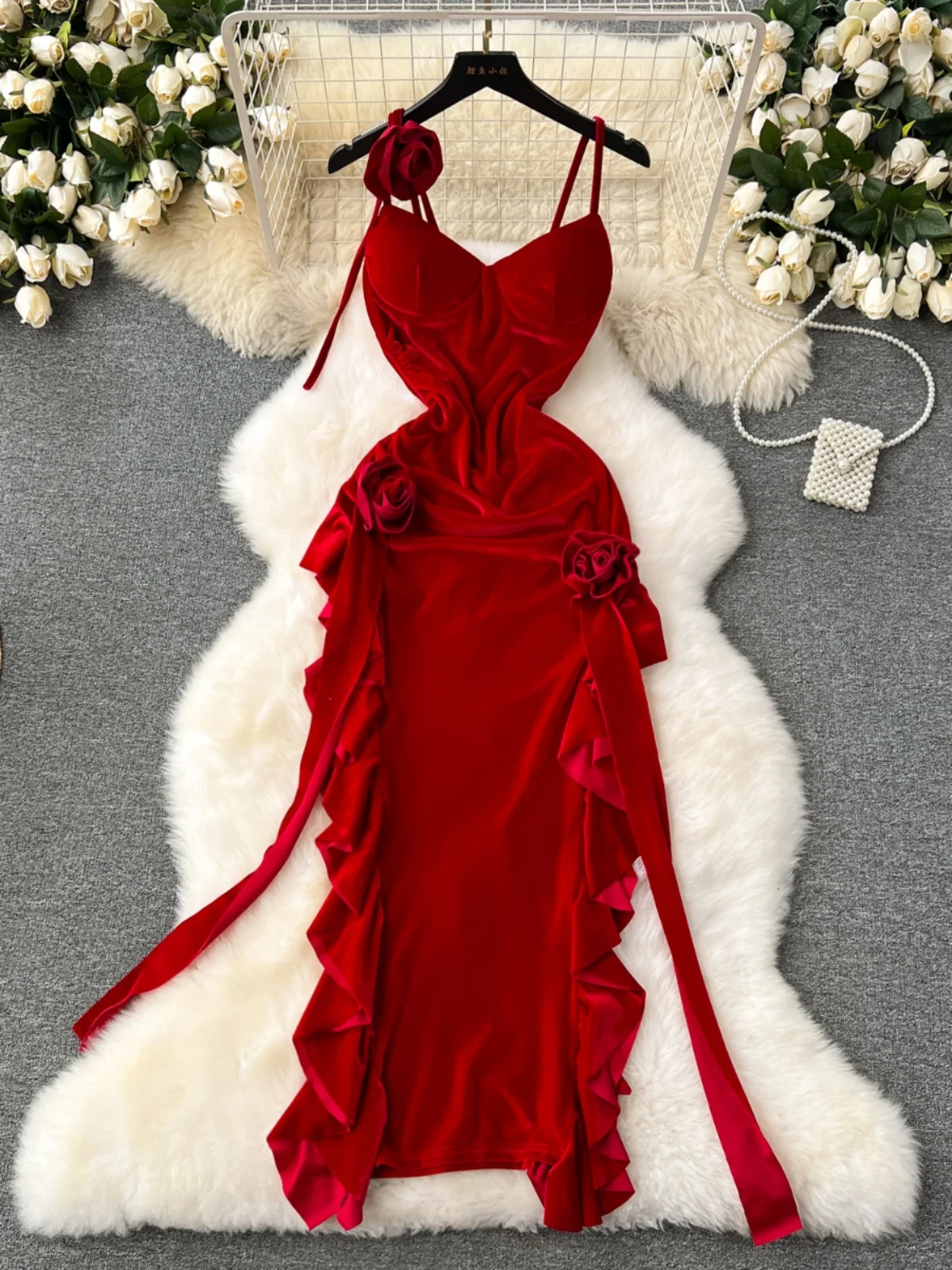 เดรสผ่าข้างสไตล์เรโทรเซ็กซี่ทรงเอไลน์ ผ้ากำมะหยี่สีแดง สำหรับผู้หญิง สไตล์เกาหลี เหมาะสำหรับใส่ไปทำงาน ฤดูใบไม้ผลิ ฤดูร้อน ฤดูใบไม้ร่วง ฤดูหนาว ไม่มีซับใน