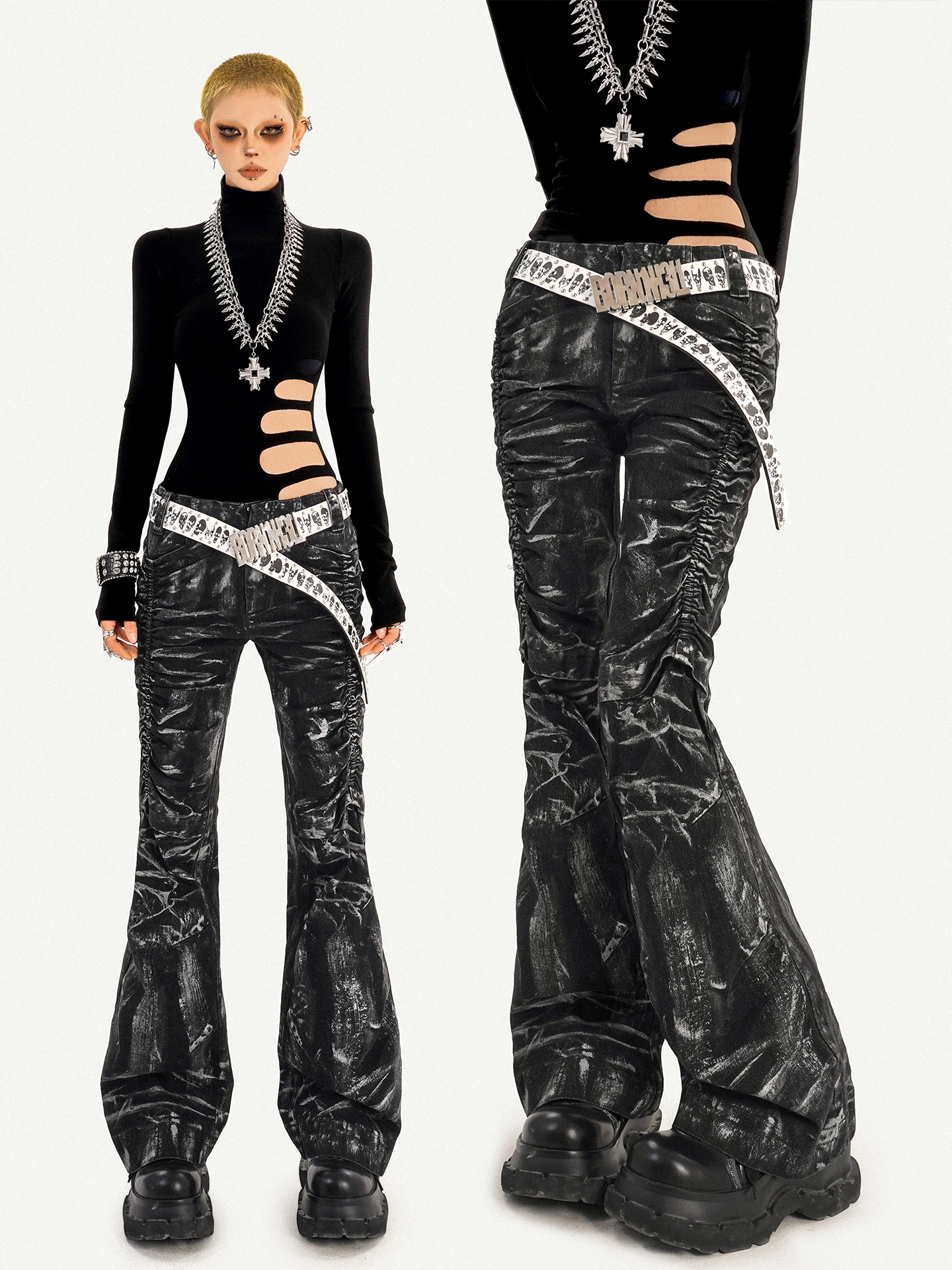 

Punk Subculture Black Lightning Denim Jeans Women's Deconstructed Heavy Fold Micro Flared Long Trousers Fashionable Daily Wear