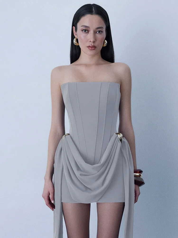 Chaxiaoa Sexy Strapless Tight Backless Fishbone Dress Women Elegant Belt Ribbon Party Evening Dress Christmas Wedding Outfit