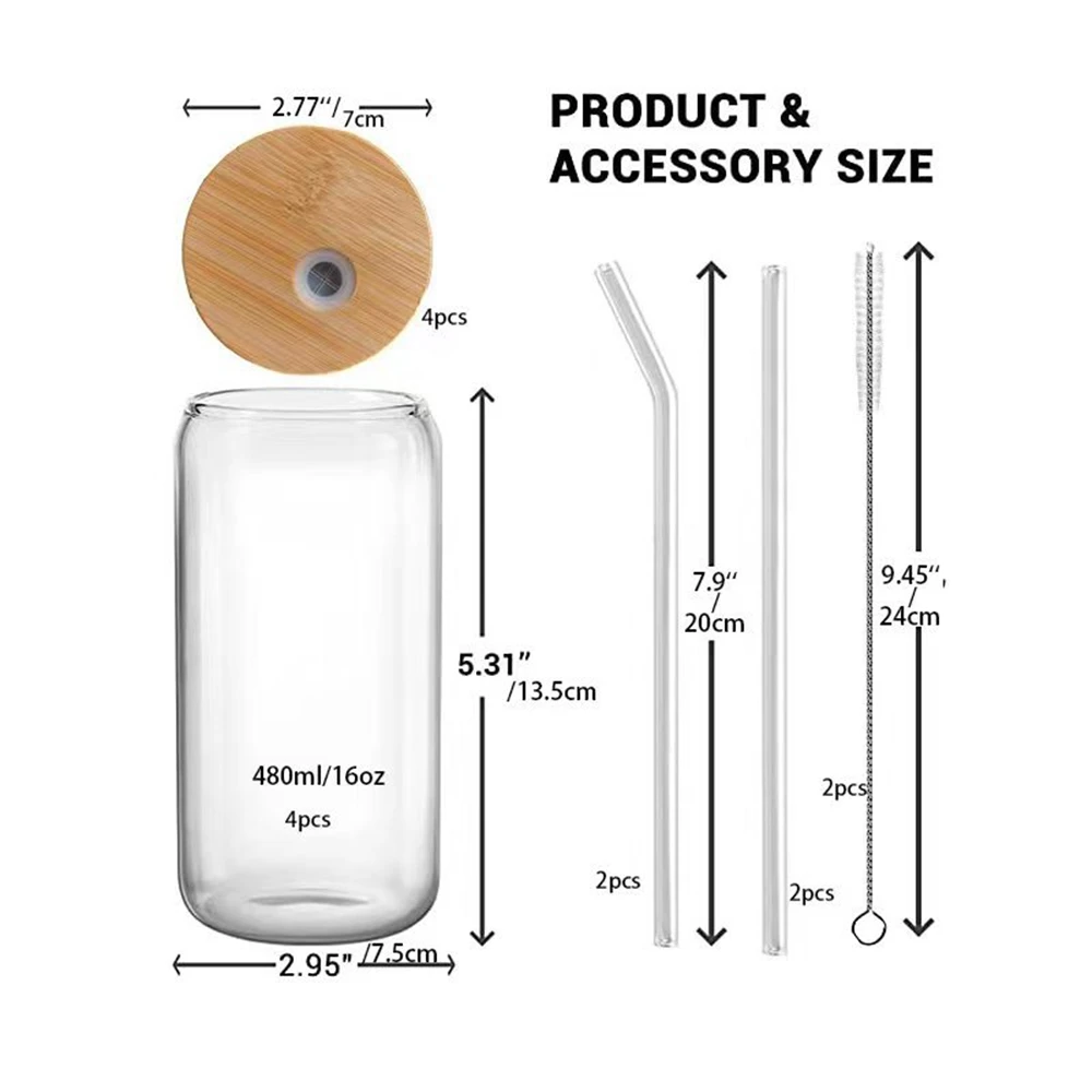 16oz Glass Cup With Wooden Lid And Straw Juice Drink Beer Mug Coffee Milk Transparent Water Cup Drinkware