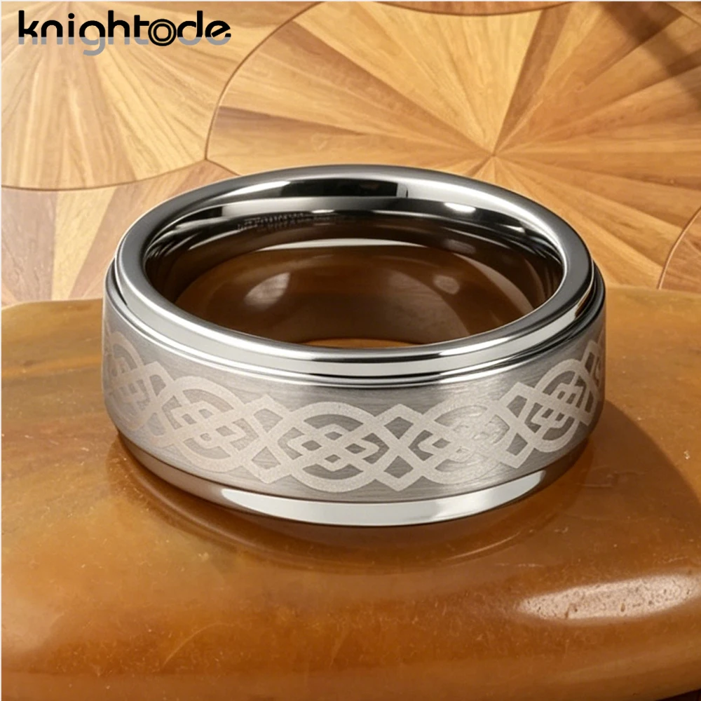 8mm Keltic Knot Tungsten Carbide Wedding Band For Men Women  Anniversary Rings Party Jewelry Brushed Steped Edges Comfort Fit