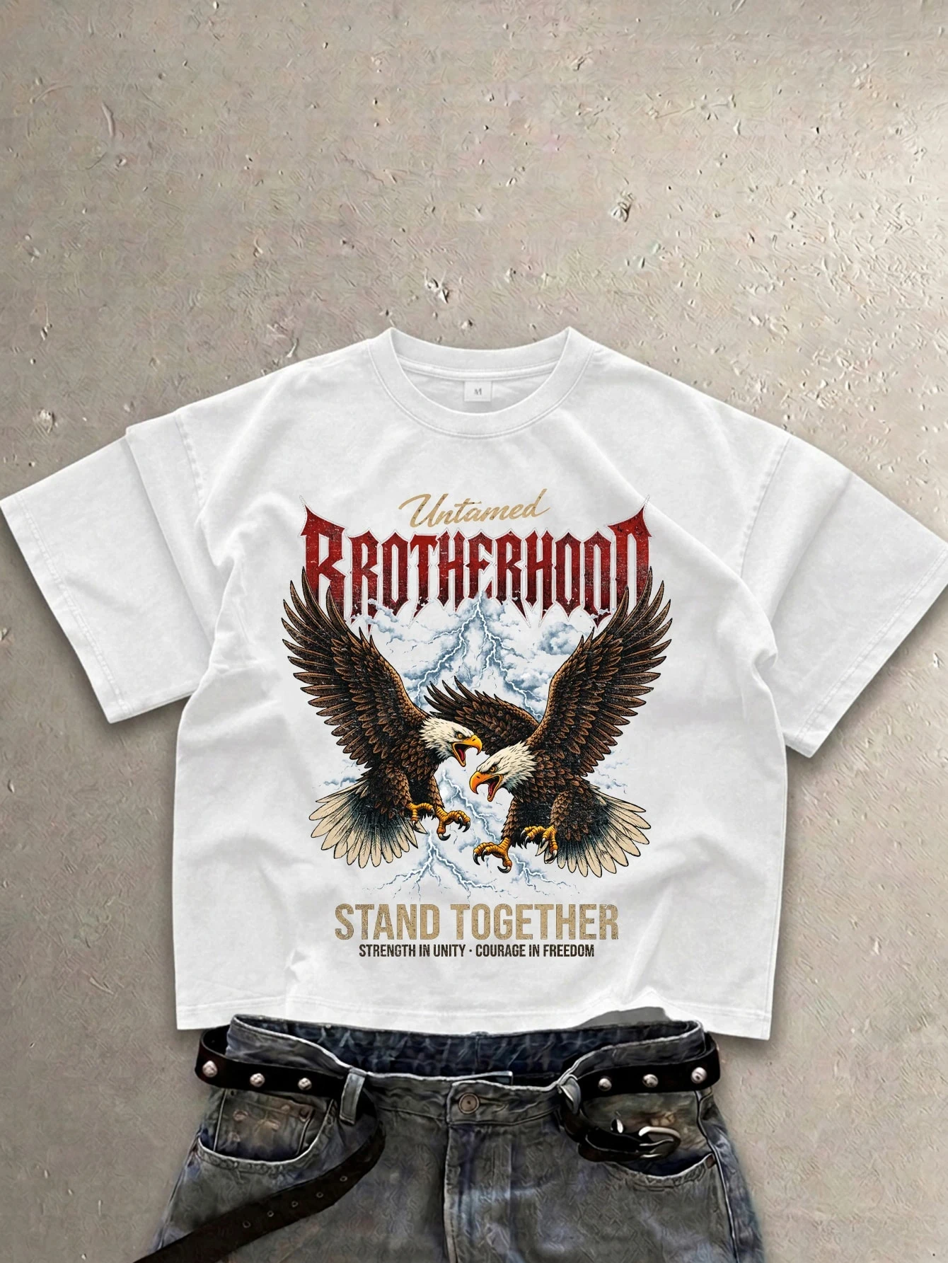 2026 New Family Matching Unisex Tee Retro Bald Eagle Pair Thunder Sky Gothic Letter Graphic Front Print White Casual Tops