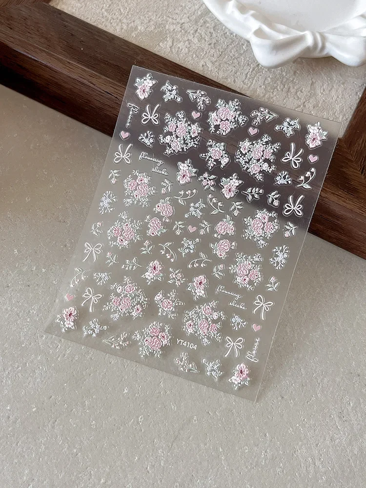 Colorful variety of small fresh flowers nail stickers,  three-dimensional relief flowers, with adhesive nail decoration stickers