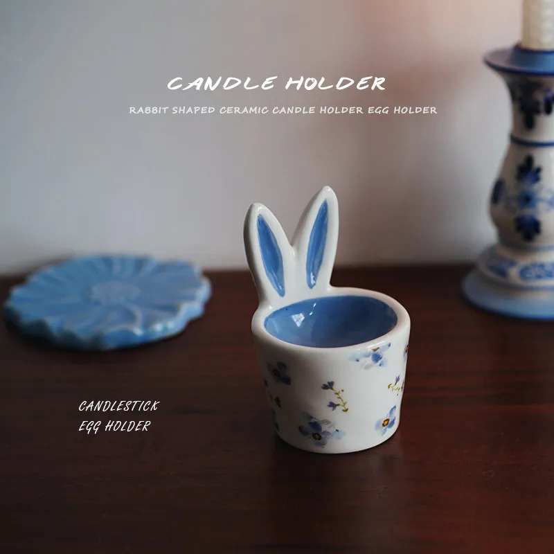European Blue Bunny Shaped Ceramic Candle Holder with Cute Egg Tray for Breakfast, Elegant Desktop Decoration, Gift