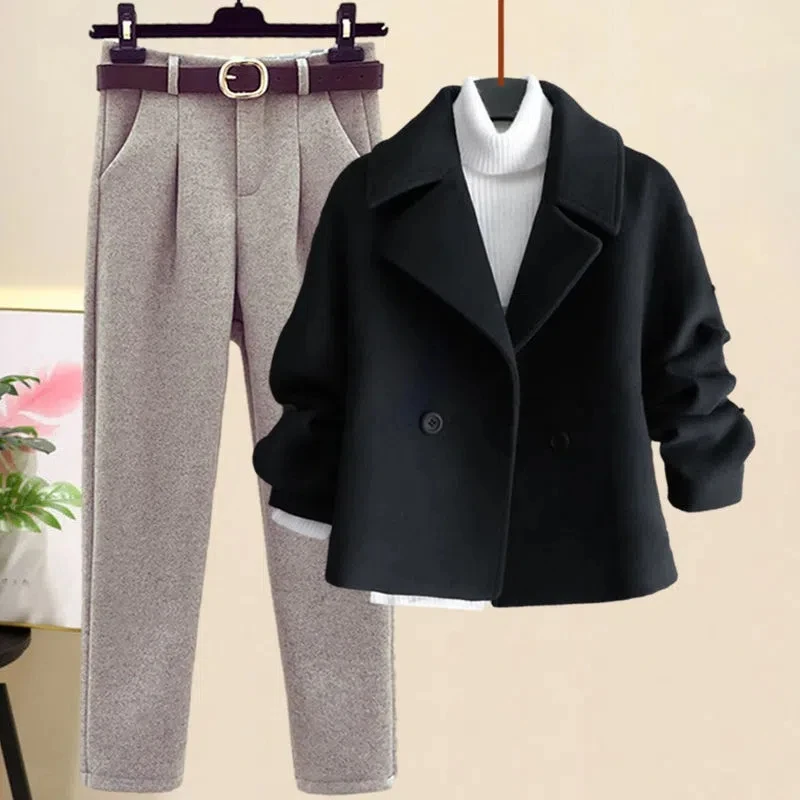 Conjunto de tres piezas de traje de lana para mujer, chaqueta de manga larga, suéter de punto, pantalones casuales, elegante, otoño e invierno, 2024