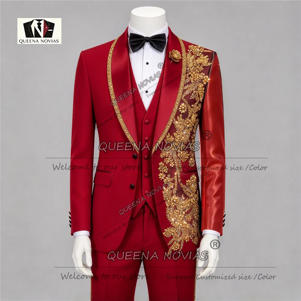 Luxury Men's Suit For Wedding Sparkly Beaded Stones Appliques Double Breasted Groom Prom Blazer Customized Man Banquet Clothing