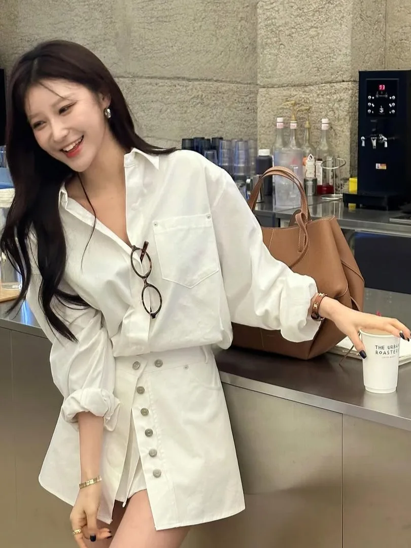 

Faionable White irt Women's Design Sense Single Button Wrap Two-Piece Set Chic Versatile Korean Sle mid Sve Four Sea...