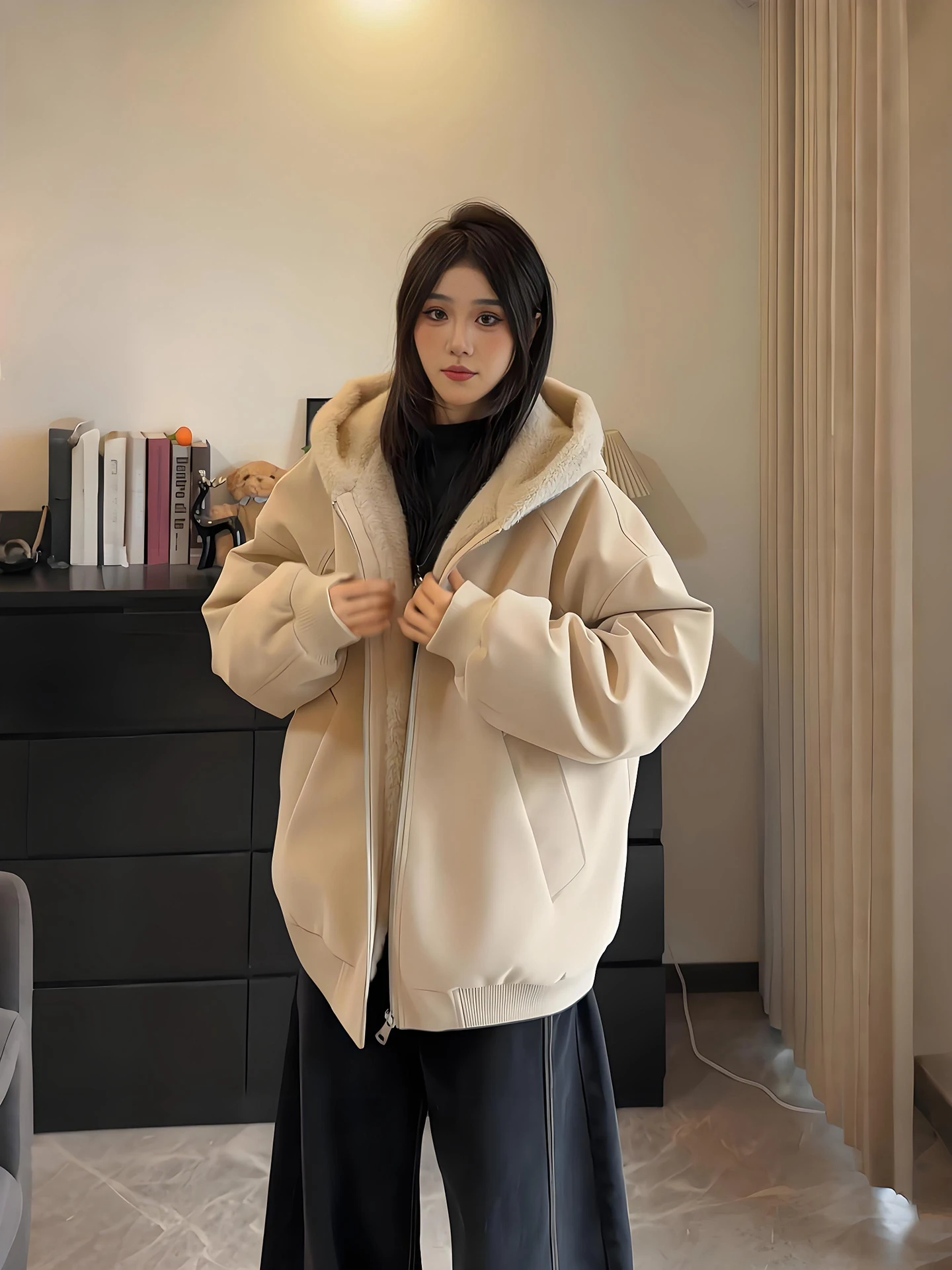 

Couples ort Hooded Fce Lined PU Leather Cotton Jaet Warm Winter Coat Youth Faion Loose Fit Long Sve Zipper Closure