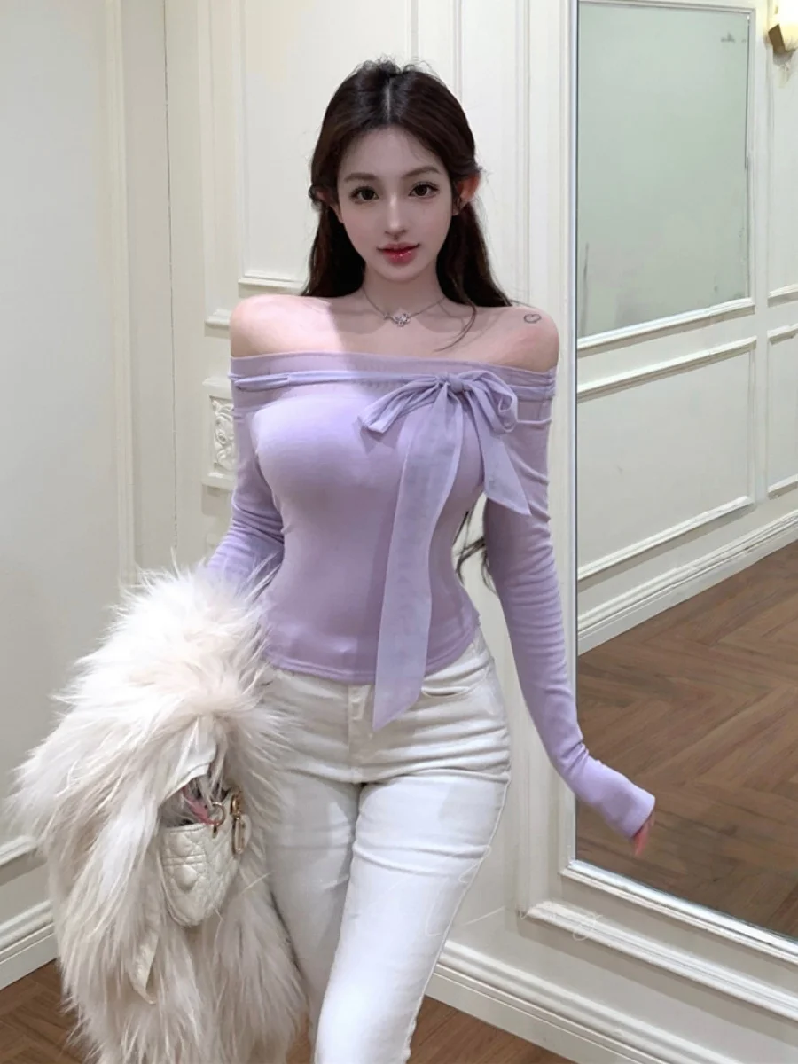 

Sexy Slim Fit Long Sleeve T-Shirt Women's Base Shirt Micro Transparent One Shoulder Design Purple Color Korean Style Soft Pur...