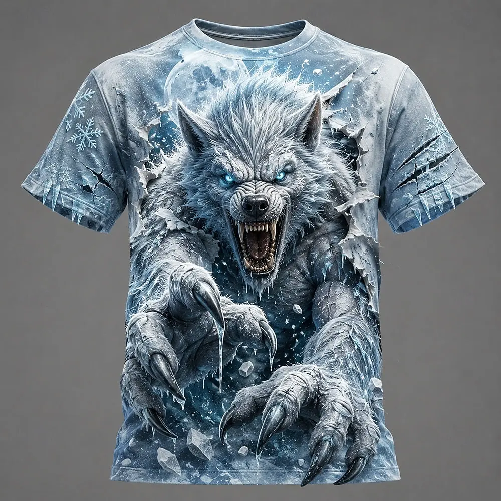 Men's Spring Summer 3D Printed Crew Neck Tee, Pink Blue Neon Lightning Punk Color Hair Werewolf Fashion Street Top