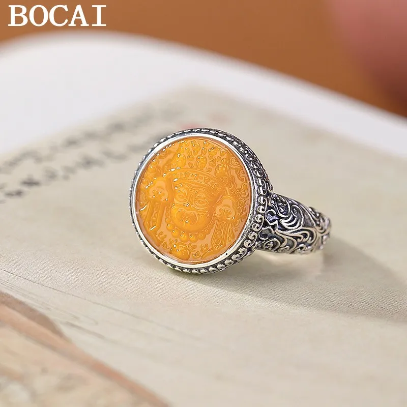 

BOCAI NEW S925 Sterling Silver Retro Chinese Style Zaki Ram Curly Grass Pattern Beeswax Ring