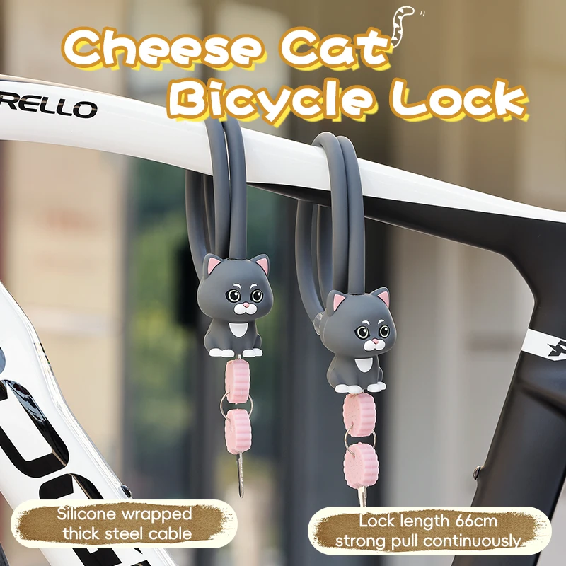 

Cute Cat Bike Lock - Silicone Steel Cable 66cm Strong Anti-Theft Bicycle Lock Cycling Accessories for Mountain Road Bikes