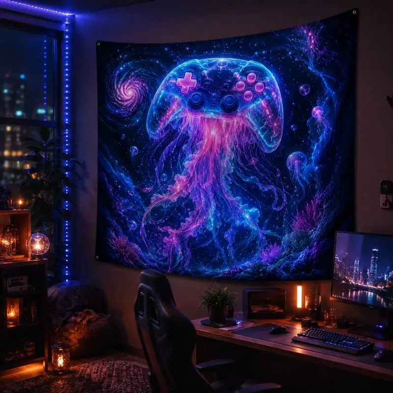 VIKAMA Planet Jellyfish Blacklight Tapestry, Neon Space Wall Hanging, Psychedelic Blanket for Bedroom Dorm Decor
