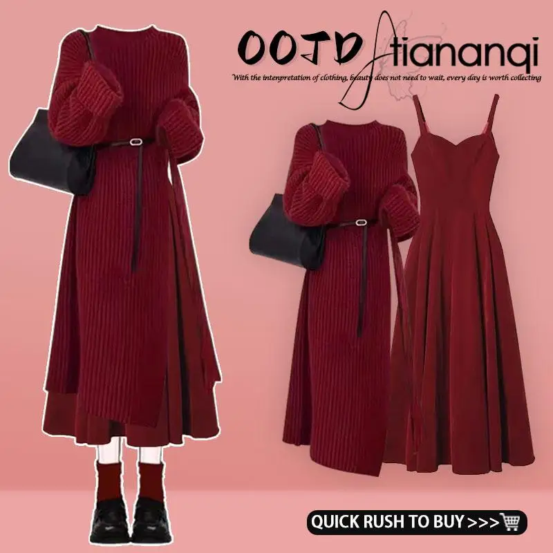 

Red Knitwear Split Dr Set Casual Sle Long Sve Autumn Winter Faion Two Piece Set for Women Slimming Belted Dr